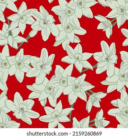 El papel pintado a mano blanco daffodils flores patrón sin fisuras en rojo. Patrón vectorial floral repetitivo. 