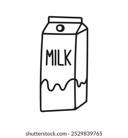 Hand drawn paperboard milk box doodle. Thermal package for milk drinks.  Sketch linear illustration