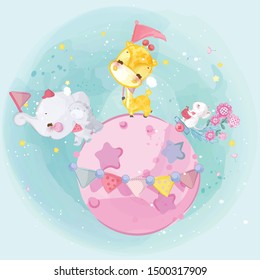 Hand drawn Parade the cute animals. Vector illustration