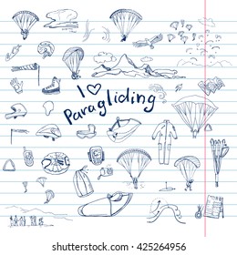 Hand drawn paragliding doodles in blue color.