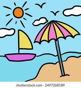 Hand drawn parasol, boat, sea, sand, sun for summer break, holiday, weekends, background, wallpaper, poster, post card, trip, vacation, travel, beach vibe, backdrop, print, souvenir, cute patches