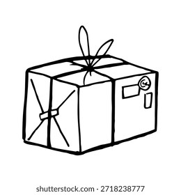Caja de paquete dibujada a mano envuelta en papel y atada con lazo de cinta. Ilustración de doodle de arte de línea mínima de entrega, regalo, envío y embalaje hecho a mano para la marca y el comercio electrónico.