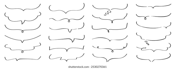 Coleção de parênteses desenhados à mão. Colchetes de esboço de rabiscar desenhados, forma de parênteses curvos.