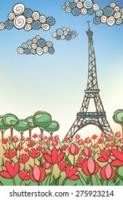 Hand Drawn Paris Card with Clouds and Tulips