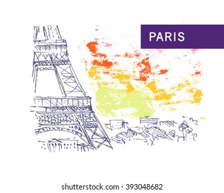 Hand drawn Paris city view sketch. Nature, architect picture. Touristic sight seeing. Print design, book, article illustration. Europe traveling. Memory postcard, invitation design.