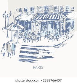 Hand drawn Paris colorful urban sketch. City street vector illustration with buildings, landmarks, cafes, people, transport.