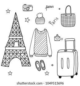 Hand drawn of Paris doodle set, vector illustration design.