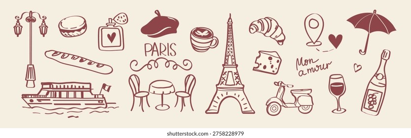 Hand drawn Paris doodle vector set with French cafe elements, wine, croissant, scooter and romantic travel symbols. Perfect for travel posters, branding, invitations and lifestyle design