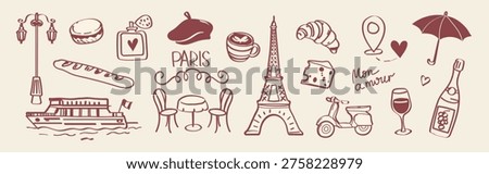Hand drawn Paris doodle vector set with French cafe elements, wine, croissant, scooter and romantic travel symbols. Perfect for travel posters, branding, invitations and lifestyle design