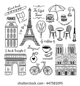 Hand drawn Paris and France clipart doodles. French symbols and objects outline sketches