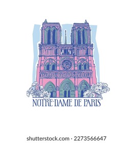 HAND DRAWN PARIS NOTRE DAME CATHEDRAL CHURCH ARCHITECTURE BUILDING LANDMARK DESTINATION TOURIST HOLIDAY VINTAGE TSHIRT TEE PRINT FOR APPAREL MERCHANDISE