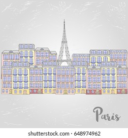 Hand drawn Paris skyline, vintage France. Vector urban banner with buildings and Eiffel Tower for postcards or web.