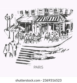 Dibujó el boceto urbano de París a mano. Ilustración del vector urbano con edificios, monumentos, cafés, gente.