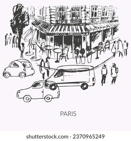 Hand drawn Paris urban sketch. City street vector illustration with buildings, landmarks, cafes, people, transport.