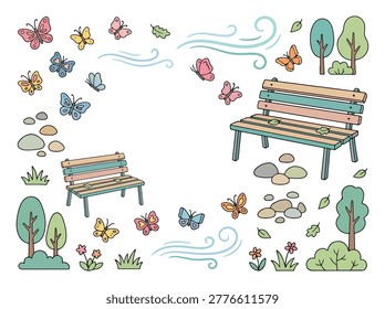 Hand drawn park doodle elements with benches and butterflies