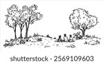 hand drawn park scene with trees and people relaxing
