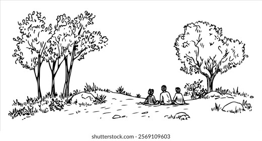 hand drawn park scene with trees and people relaxing