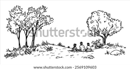 hand drawn park scene with trees and people relaxing