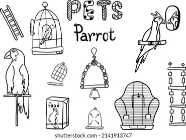 Hand drawn parrot bird and care supplies set. Pet shop