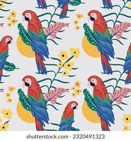 hand drawn hand drawn parrot bird, flower and tropical leaves pattern