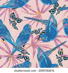 Hand drawn parrot birds with cute sweet troicals forest seamless pattern ,Design for fashion , fabric, textile, wallpaper, cover, web , wrapping and all prints on light pink background 