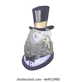 Hand drawn parrot with hat, isolated on white, vector illustration