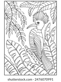 Hand drawn parrot in tropical leaves. Illustration for coloring, sketch, vector