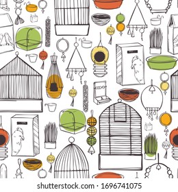 Hand drawn parrots stuff set. Toys, food, and pet care accessories. Vector seamless pattern. 