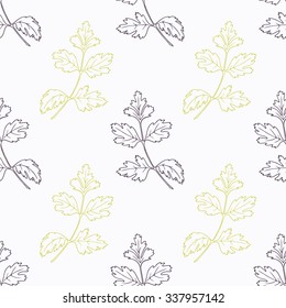 Hand drawn parsley branch stylized black and green seamless pattern. Doodle drawing spicy herbs. Kitchen background. Hand drawn seasoning. Vector illustration