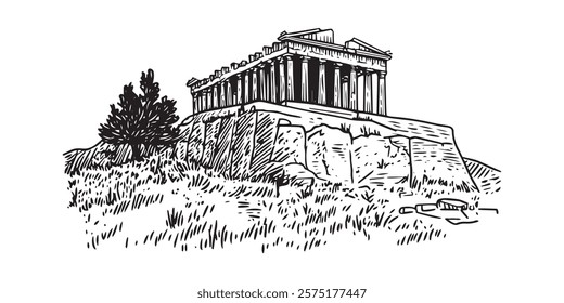 hand drawn parthenon temple on acropolis hill in black sketch style