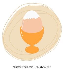 Hand drawn Partially peeled boiled egg in egg bowl on abstract Backdrop of spot and freehand lines