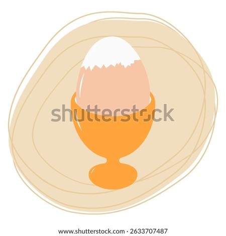 Hand drawn Partially peeled boiled egg in egg bowl on abstract Backdrop of spot and freehand lines