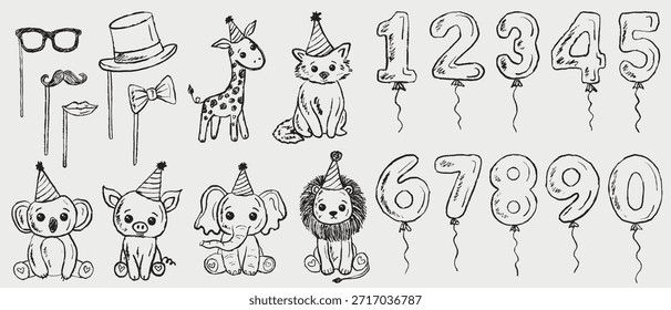 Hand drawn party animals, props, and number balloons with heart and star, perfect for kids birthday or festive designs. Vector sketch illustration in vintage crayon charcoal style. Baby shower