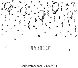 Hand drawn party background with balloons and confetti.