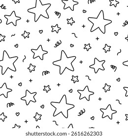 Hand drawn party background. Funny festive stars, hearts and confetti in doodle style. Seamless pattern. Vector background for printing on packaging, paper, fabric and other surfaces.