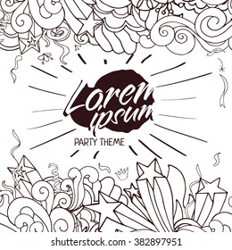 Hand drawn party background with text field, decoration, doodle elements for invitation in outline horizontal style