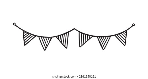 Hand drawn party bunting flags doodle.  Birthday garland in sketch style.  Vector illustration isolated on white background.