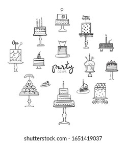 Hand Drawn Party Cakes Set. Doodle Birthday, Wedding, Holiday Cakes Collection. Dessert On Cake Stand, Piece Of Cake On A Plate. Cake Logo, Bakery And Sweet-shop Vector Illustration. 