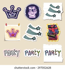 Hand drawn party and celebration emblems set. Isolated. Stickers