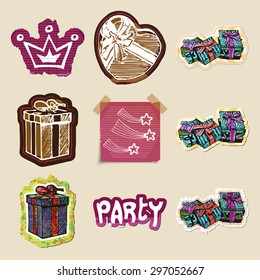 Hand drawn party and celebration emblems set. Isolated. Stickers