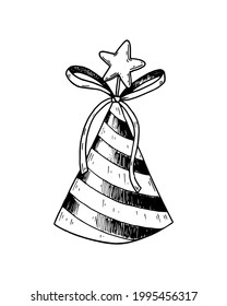 Hand drawn party cone cap isolated on white. Vector illustration in sketch style