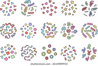 Hand drawn party confetti decorations. Doodle confetti pattern circles, colorful celebration streamers, ribbons, stars and hearts shapes. Festive decor backgrounds vector set.