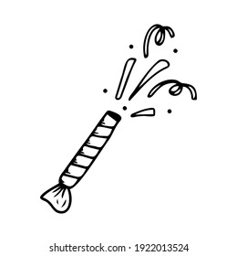 Hand drawn party cracker with confetti isolated on a white background. Celebration elements. Doodle, simple outline illustration. It can be used for decoration of textile, paper.