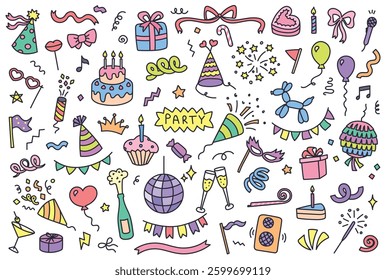 Hand drawn party decorations. Celebration doodles of party cap and blowouts, birthday cake, gift boxes, balloons, fireworks, ribbons and confetti isolated vector elements set.