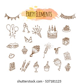Hand drawn party decorations   elements  Birthday decorative illustration 