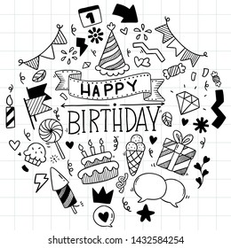 Hand Drawn Party Doodle Happy Birthday Ornaments Background Pattern Vector Illustration