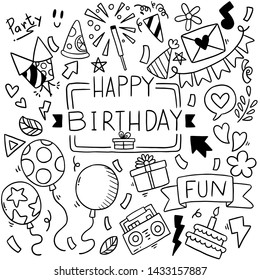 Hand Drawn Party Doodle Happy Birthday Ornaments Background Pattern Vector Illustration