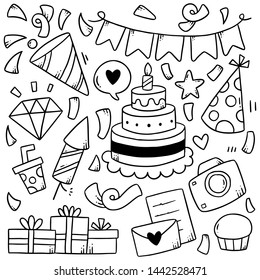 hand drawn party doodle happy birthday Ornaments background pattern Vector illustration