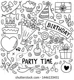 hand drawn party doodle happy birthday Ornaments background pattern Vector illustration