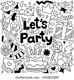 hand drawn party doodle happy birthday Ornaments background pattern Vector illustration